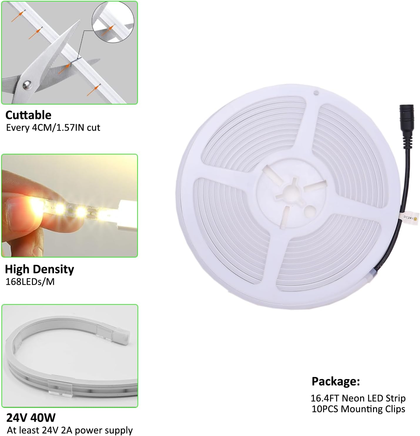 JOYLIT 4MM Width Neon LED Strip Lights 5000K Daylight White 16.4FT, 24V Flexible Waterproof Neon Rope Light Uniform Glow 168LED/M, Neon Cuttable Strip Lights for Patio, Bathroom, DIY (No Power Supply)
