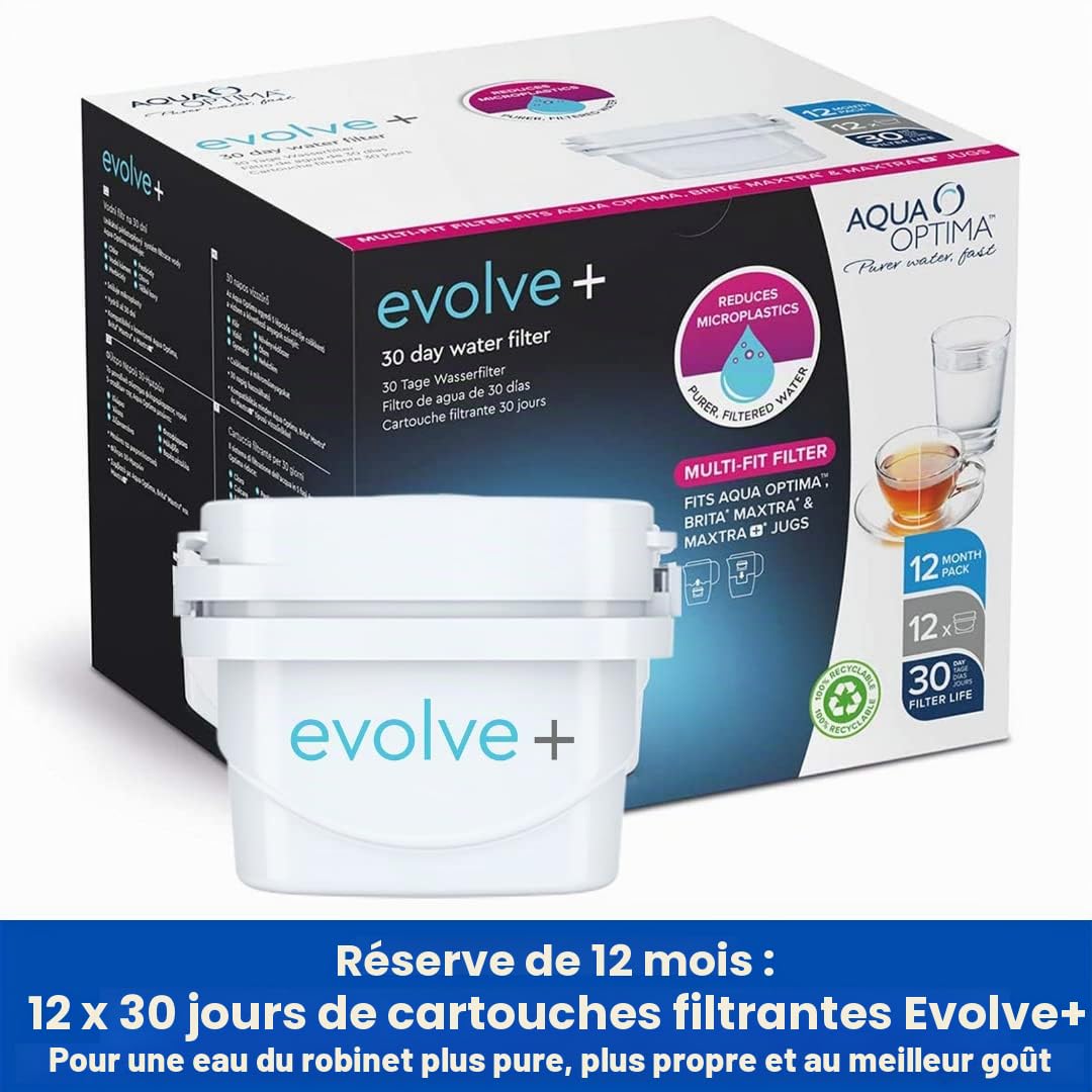 Aqua Optima Evolve+ Cartouche Filtrante à Eau 30 jours, paquet de 12 (jusqu'à 12 mois d'approvisionnement), Compatible avec plus de 90 % des carafes filtrantes, y compris Brita Maxtra et Maxtra+