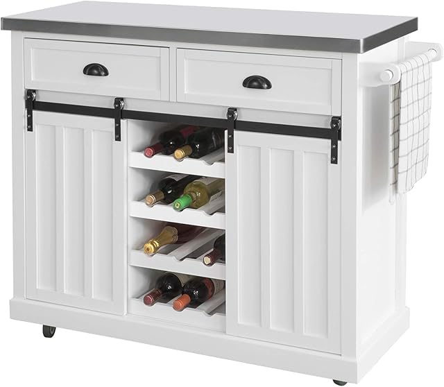 SoBuy® FKW94-W, Kitchen Storage Trolley Kitchen Cabinet Cupboard Sideboard Kitchen Island with Stainless Steel Top & 2 Sliding Doors