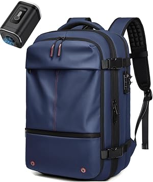 Vacuum Travel Backpack with Pump, Easy Vac Pack with a Vacuum Sealed Compartment,Expandable 60L for Traveling,Airplane Blue - With vacuum pump