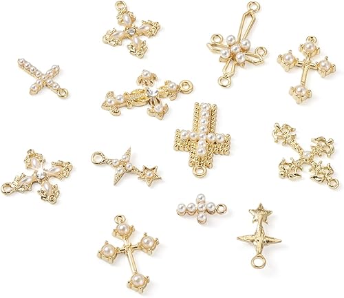 Miniatura 9 de Cheriswelry 18 dijes de metal con forma de cruz y perlas de oro claro, adornos colgantes de aleación de 0.630-1.535 in, 9 estilos para hacer