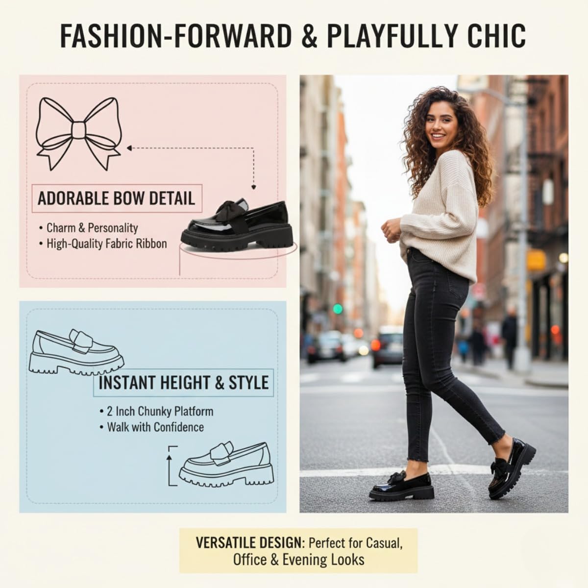 Silanway Women's Patent Leather Platform Loafers with Bow - Chunky Trendy Slip-On Dress Shoes for Work & Casual Wear, Increased Height - Image 4