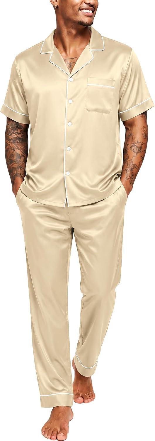 Vssjavun Men Satin Silk Pajamas Set Classic 2 Piece Pjs Set with Long Pants