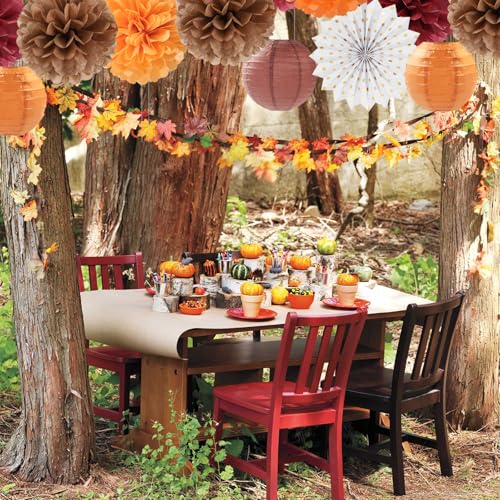 Image of Burgundy Brown-Orange Baby-Shower Boho Party-Decorations - 20pcs Fall Autumn Paper Lanterns Fans,Tissue Pom Poms,Honeycomb Balls,Wedding Birthday Bridal Harvest Thanksgiving Festival Decor Burgleda