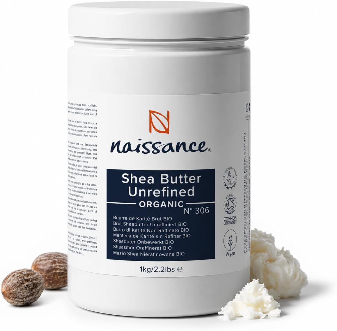 Naissance Organic Shea Butter Unrefined (No. 306) - 1kg - Pure, Raw, Natural, Vegan - for Skin, Hair, Lip Balms, Body Butters, Moisturiser
