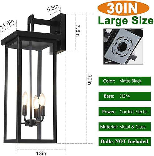 Miniatura 10 de tewei Farol de pared exterior de gran tamaño de 26 pulgadas, aplique de pared impermeable, negro mate, luces para exteriores para casa, luz moderna