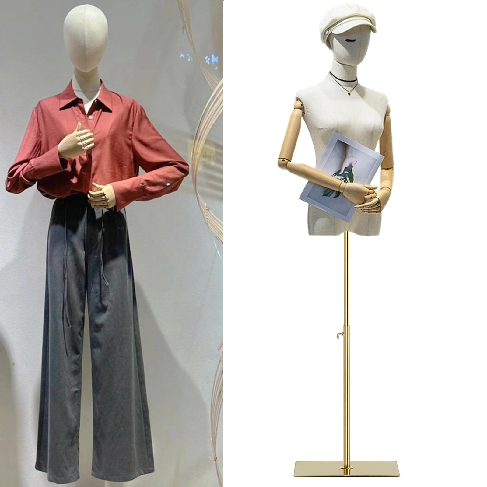 Jueraori Mannequin Couture Femme, Tête Amovible Modèle De Vitrine, Mannequins Buste avec Bras en Bois pour Shop de Vêtements Studio Photo, Reglable Hauteur 140-190cm ( Couleur : Gold , Taille : M )