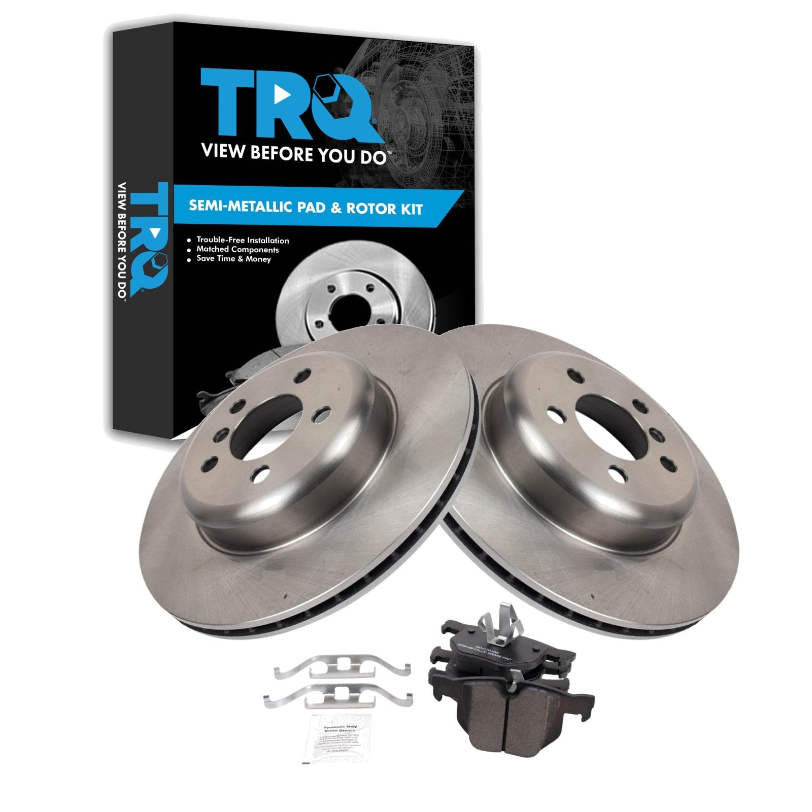 TRQ Rear Brake Pad &amp; Rotor Kit Semi-Metallic Compatible with 2012-2013 BMW 335i