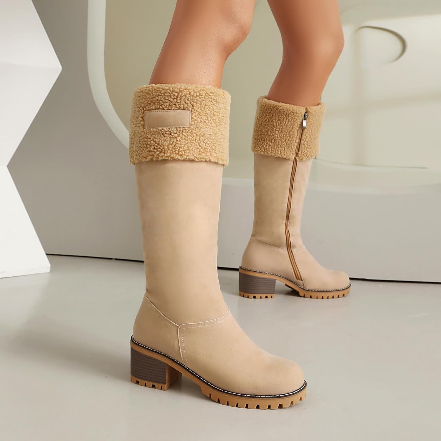 Women's Knee High Boots Fleece Lined Block Heel Side Zipper Outdoor Party Shoes Suede Chunky Mid Heel Snow Boots