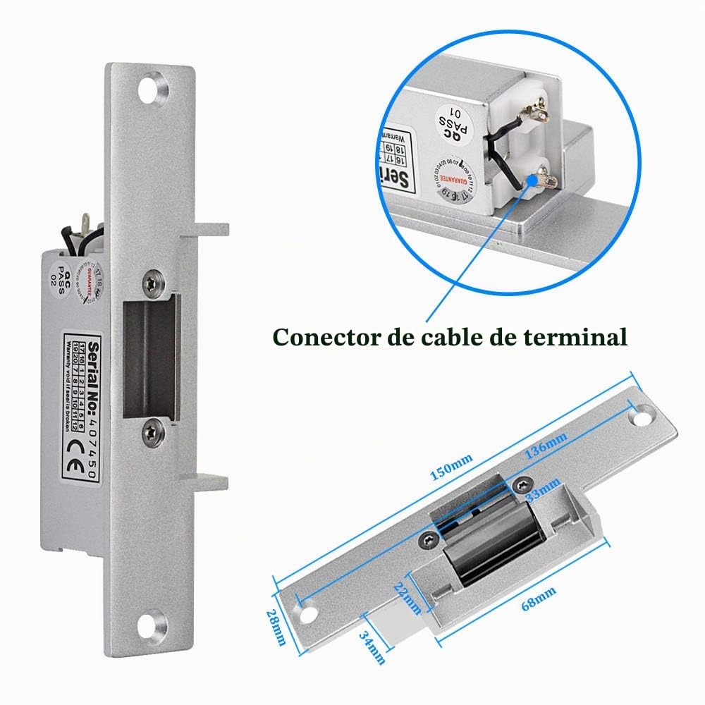 Sistema Control Acceso Door Kit Set NC Eléctrico Strikc Lock + Teclado Control Acceso RFID + Controlador Fuente Alimentación DC12V 3A + 10pcs Tarjetas de llaveros RFID