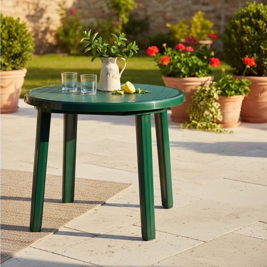 Mesa de Jardín Redonda 90cm de Resina Auxiliar Exterior desmotable portátil, Camping, terraza, Acampada, Playa. (Verde)