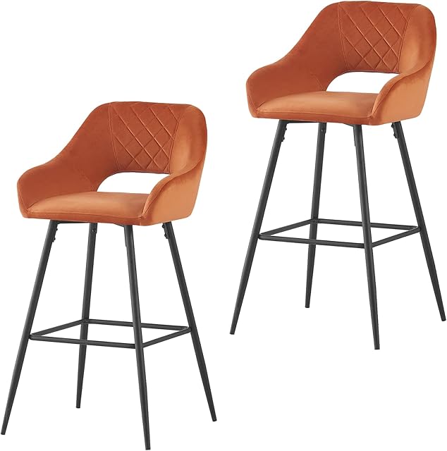AINPECCA Bar Stools Set of 2 Velvet Orange Breakfast Dining Bar Stools Fixed Height Bar Chairs with Metal Frame and Footrest for Breakfast Bar, Counter, Kitchen and Home