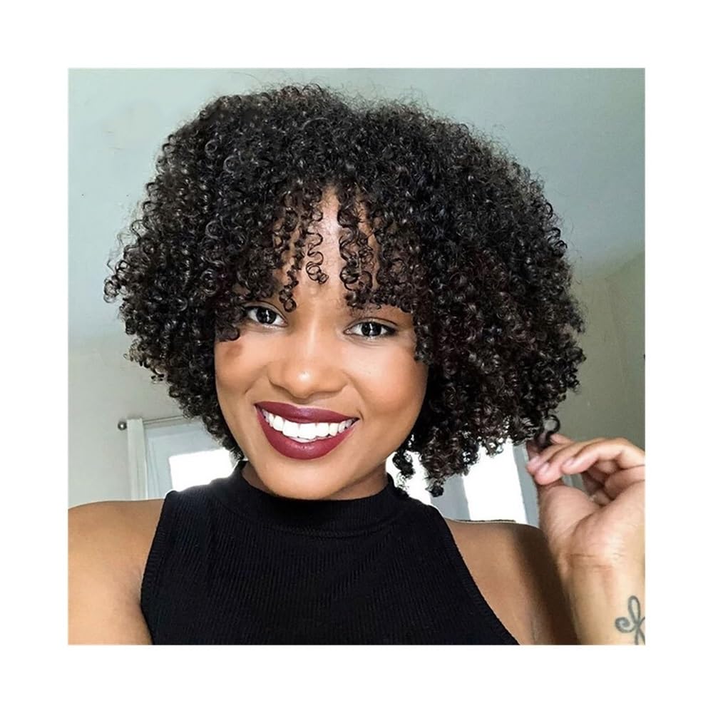 Haaraufsätze Pelucas rizadas de Cabello Humano, Peluca Corta y rizada con Flequillo for Mujeres Negras(18inches)