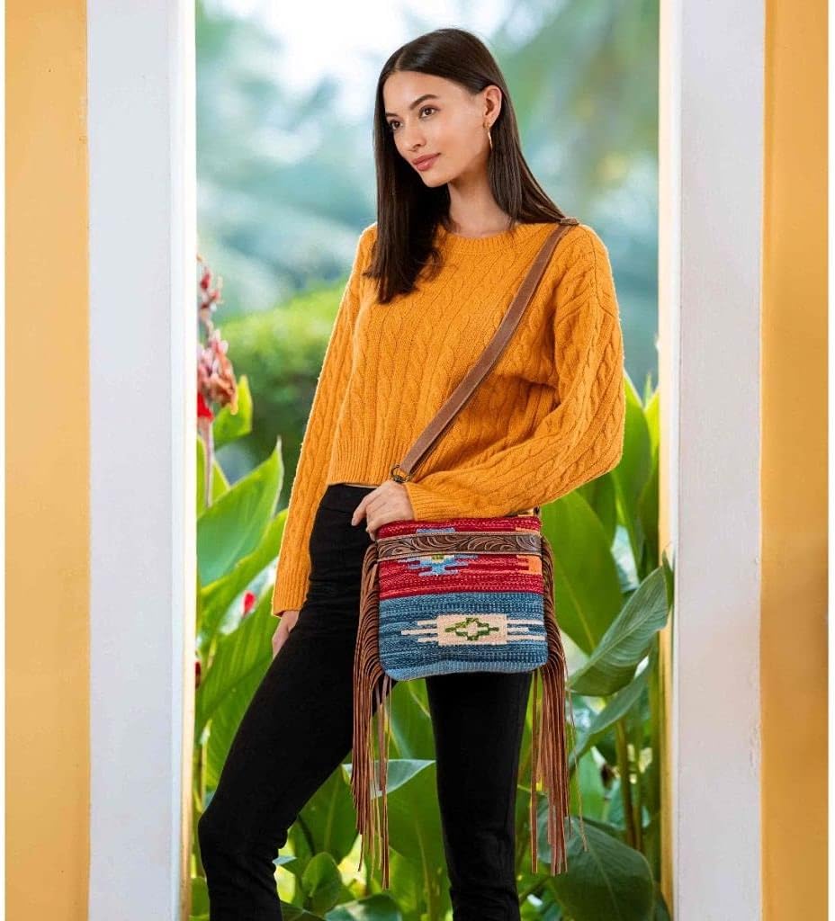 Myra Bag female Sunset Hand-Tooled Bag Upcycled Cotton & Leather S-3076