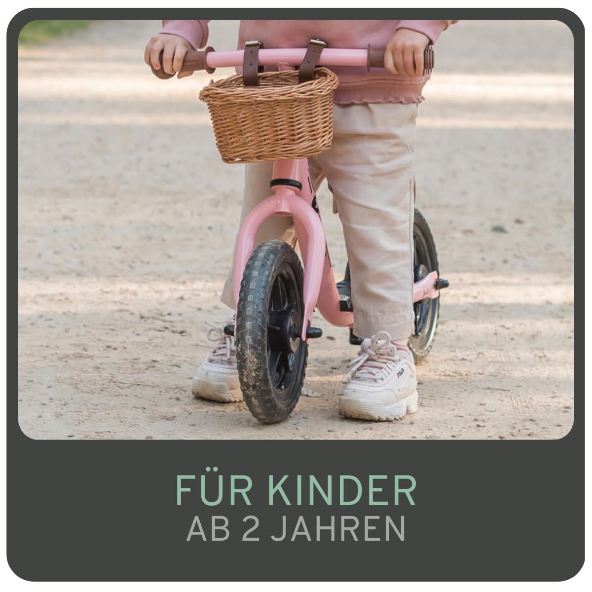 Bandits & Angels Laufrad aus Metall mit Weidenkorb ab 2 Jahren – Lauflernrad – Verstellbarer Sattel 29 bis 39 cm – für Jungen und Mädchen – niedriger Einstieg mit Trittbrett
