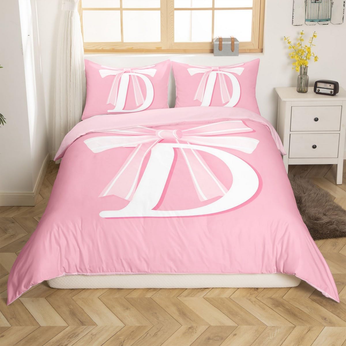 jejeloiu Pink Bow Duvet Cover,Gifts for Women Teen Girl,Queen Size,Decor Ultra Soft Monogrammed Bedding Set,Initial Letter D Comforter Cover Set Kawaii Pink,Bedspread Cover Room Decor,No Comforter