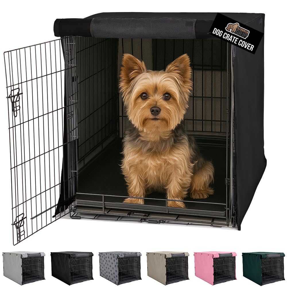 GORILLA GRIP Dog Crate Covers Compatible with Amazon Basics Dog Crates, All Sides Open, Privacy Cover Fits 24" Wire Kennel, Breathable Mesh Windows, Light Reducing Puppy Training Cage Topper, Black