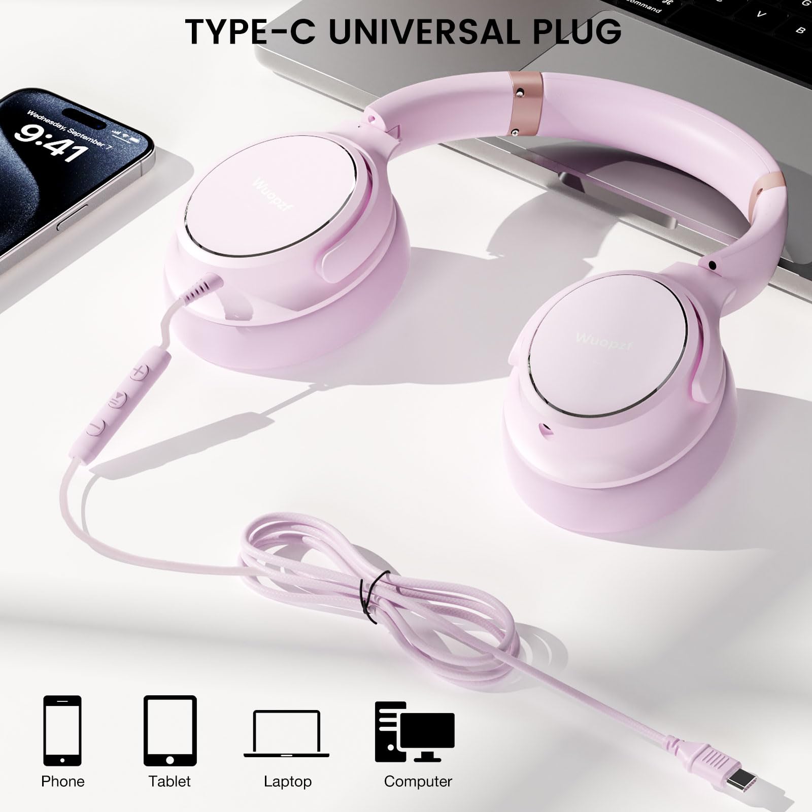Cuffie over-ear con cavo USB C, con microfono, controllo del volume, porta di condivisione e archetto regolabile, cuffie stereo pieghevoli, per adulti/adolescenti, per iPhone 16, laptop, giochi