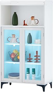 OFCASA Kitchen Storage Cabinet with 2 Glass Doors Open Shelf White Sideboard with LED Lights Floor Standing Storage Cupboard for Kitchen Living Room Hallway Buffet 35 x 65 x 130cm