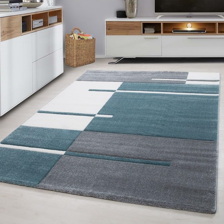 Tapis d'intérieur bleu lavable pour un salon familial moderne et accueillant