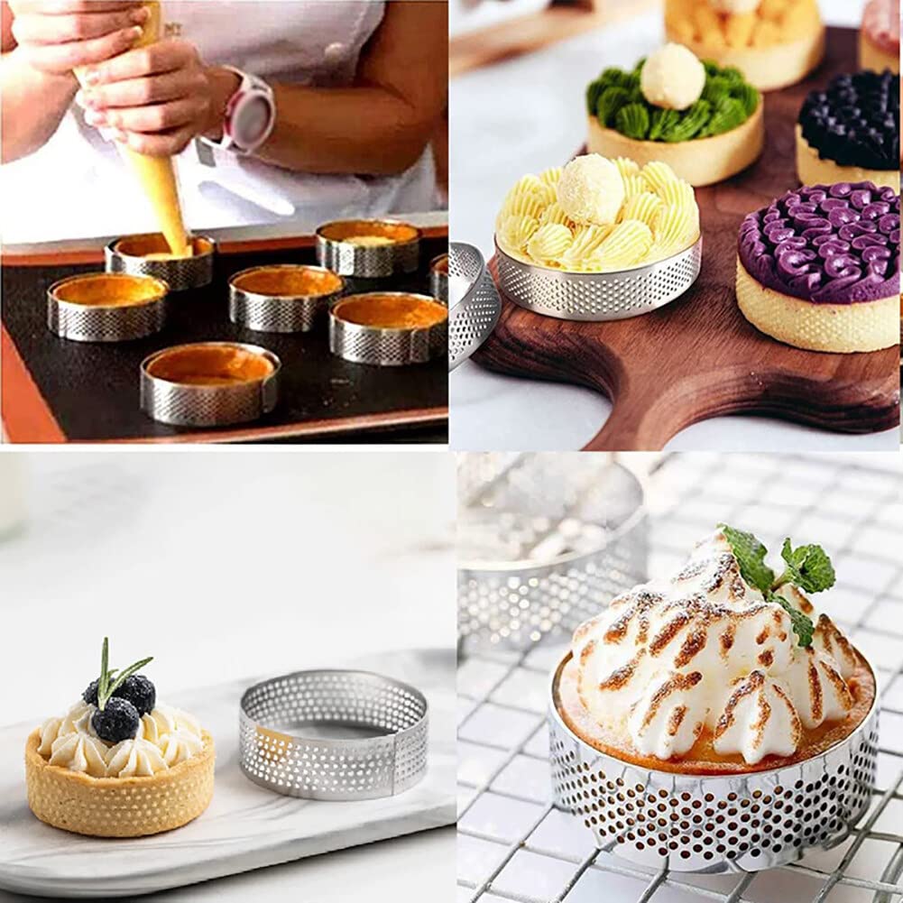 Surakey Lot de 11 anneaux à tarte perforés en acier inoxydable antiadhésifs pour pâtisserie, dessert français, fruits, tarte, croûte, tarte (rond)