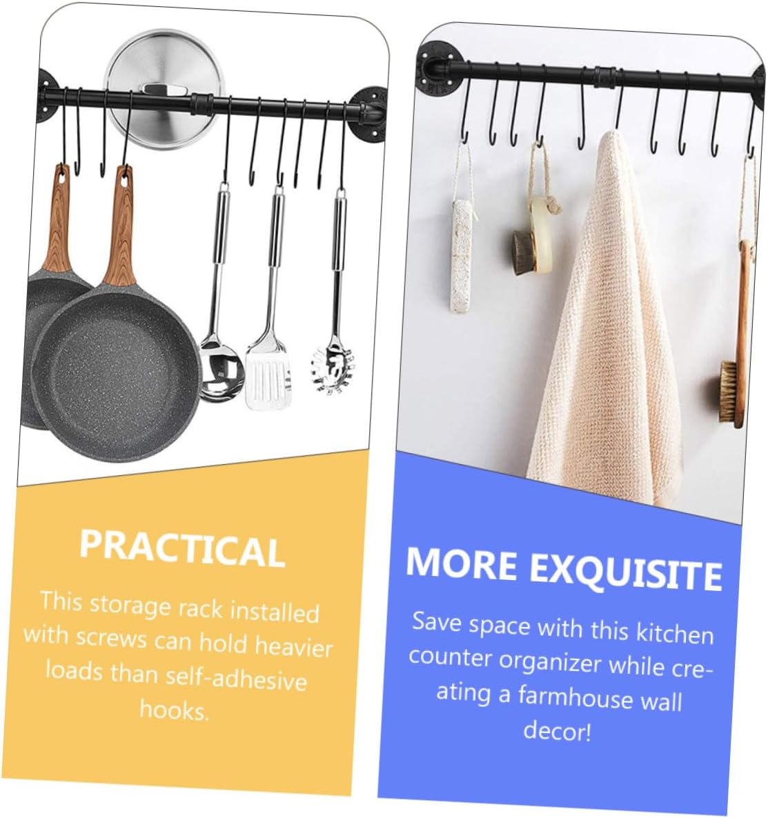 Wall Mounted Metal Pot Rack with Hooks, 13 X 60 Cm Kitchen Hanging Organizer for Pots and Pans Storage, Sturdy Metal Bar Holder for Kitchen Wall Storage