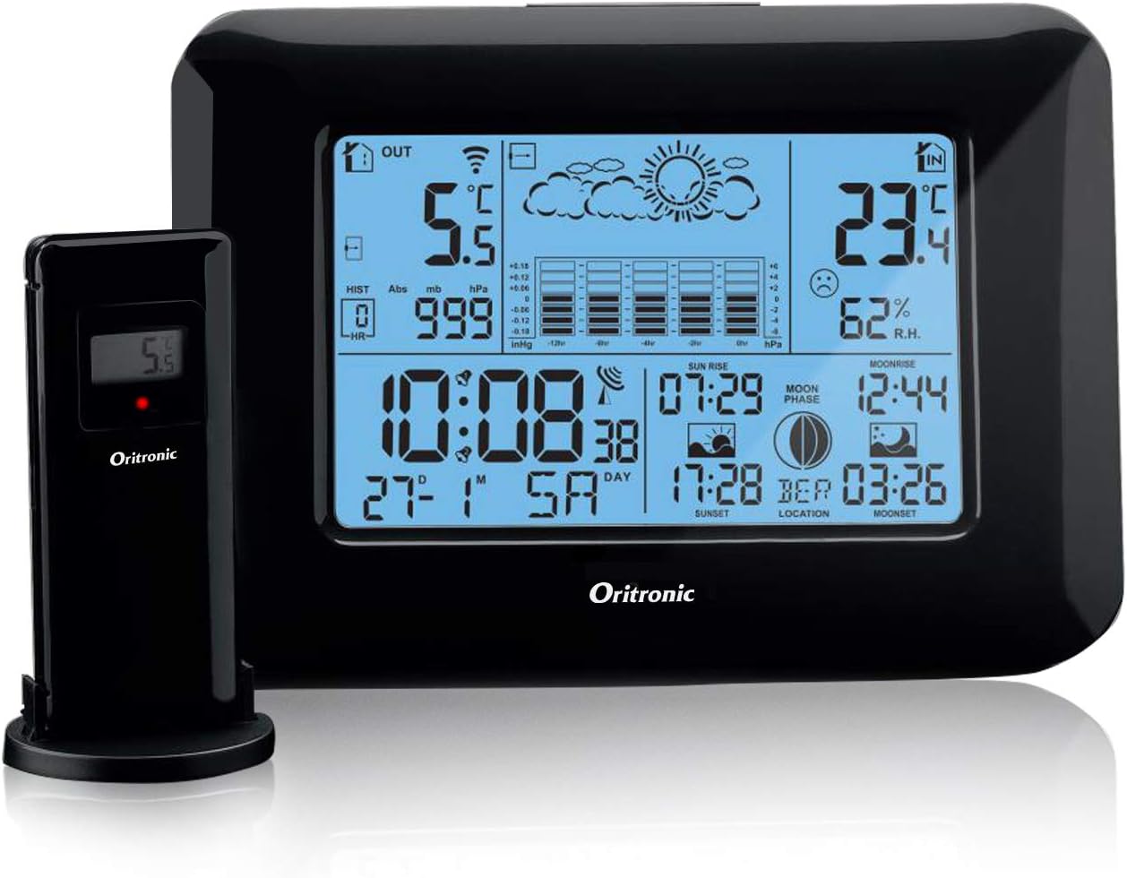 Digital Weather Station with Outdoor Indoor Sensor, Radio-Controlled Alarm Clock, Barometer, Temperature, Humidity Monitor, Weather Forecast Station for Home,Black