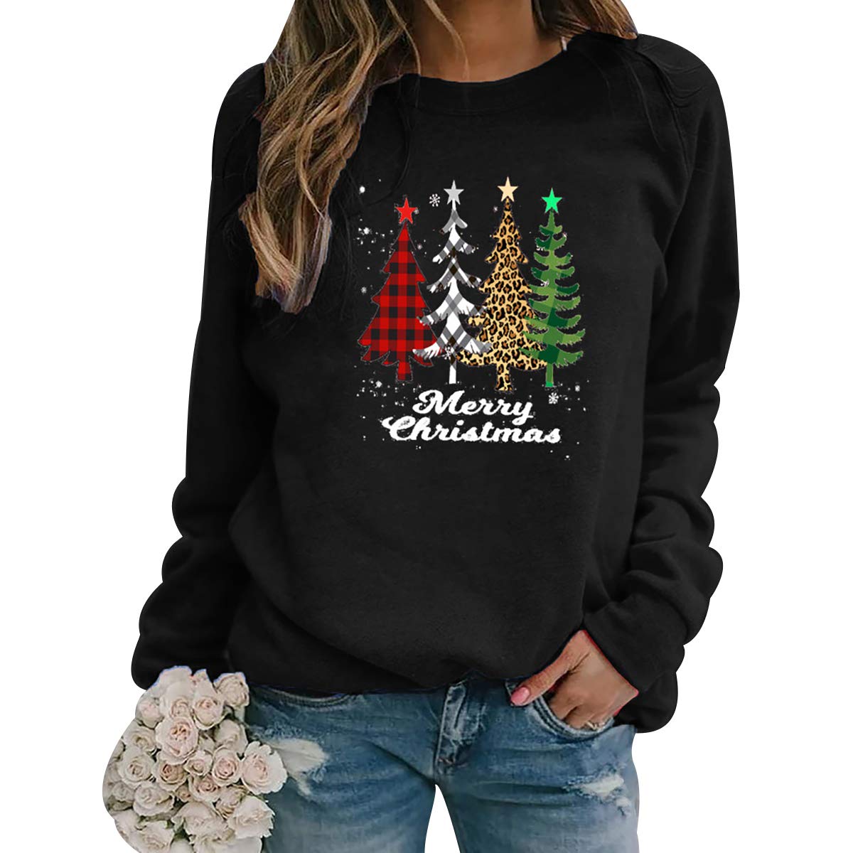Peuignao Women's Black Christmas Tree Jumper Funny Xmas Pullover Ugly Christmas Sweatshirt M