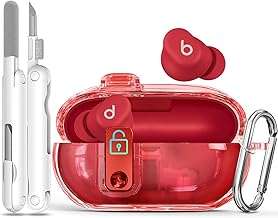 Seucre Lock Case for Beats Solo Buds 2024, with 3-in-1 Cleaner & Keychain, Ekoonpft Soft TPU Cases Cover Compatibility with Beats Solo Buds Wireless Bluetooth Earbuds, Full Protection (Clear Red)