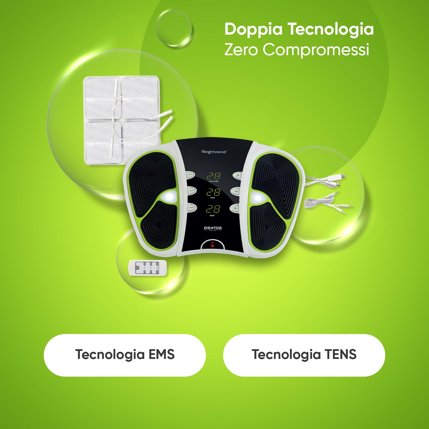 Massaggiatore con Tecnologia TENS ed EMS, Elettrostimolatore a Impulsi Elettrici per 30 Miniuti di Utilizzo, Massaggiatore Plantare con Telecomando, 4 Elettrodi TENS ed EMS e Custodia, Certificato CE