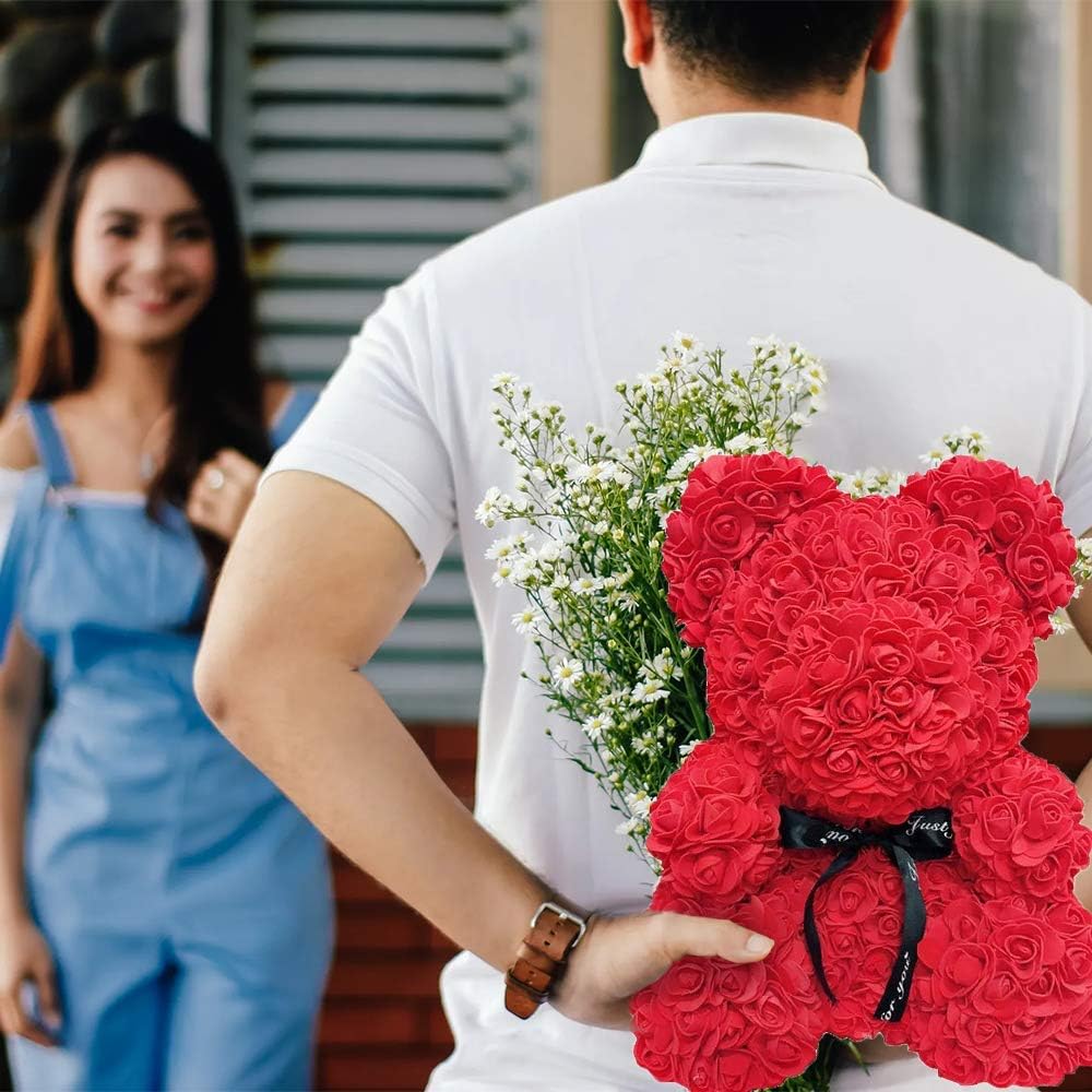 ATAKA Rose Bear - Rose Teddy Bear on Every Rose Bear -Flower Bear Perfect for Anniversary's - Clear Gift Box Included! 12 Inches, Red