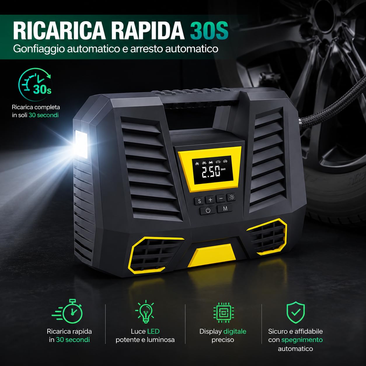 NLIGHTING Compressore Aria Portatile 150 PSI con Batteria da 2000mAh, Display Digitale LCD e Luce LED, Spegnimento Automatico, Mini Pompa Elettrica per Auto, Moto, Bici e Palloni
