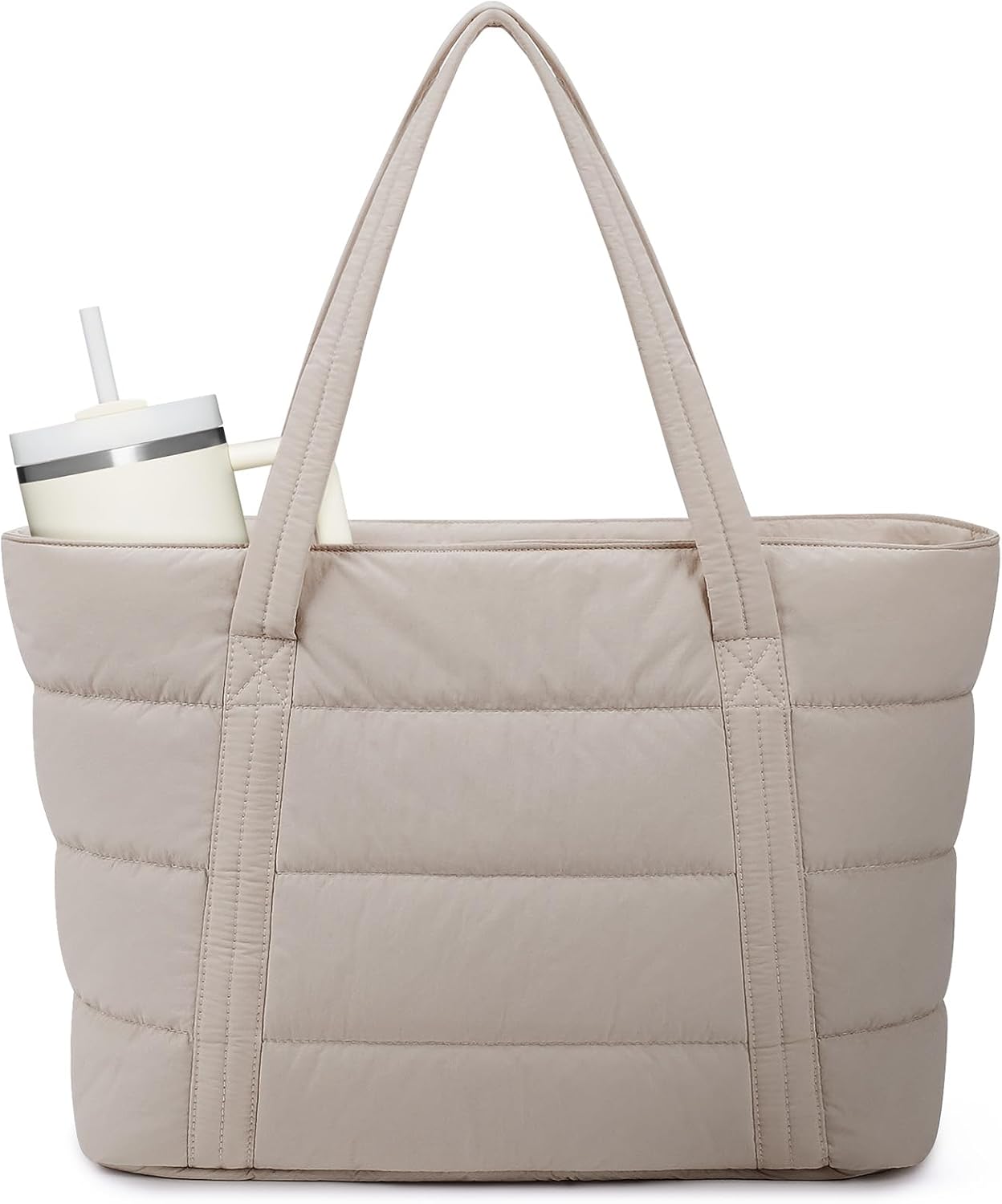 Narwey Puffer Tote Bag for Women with Cup Holder & Laptop Compartments, Quilted Puffy Travel Work Tote Bags for Nurse Teacher