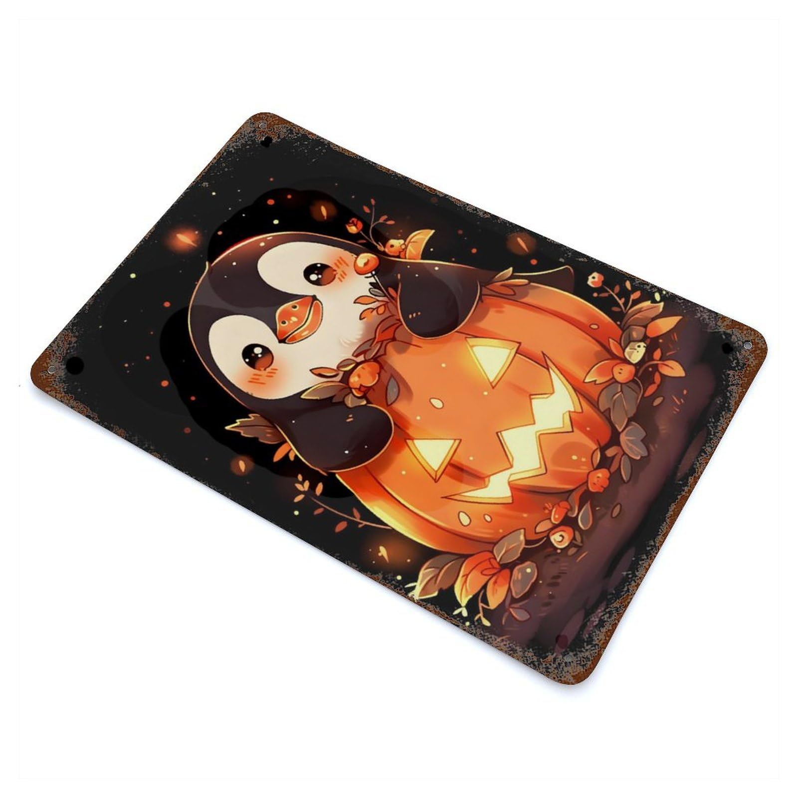 Penguin Pumpkin Decorative Tin Sign 11.8"x7.9", for Bistro, Counter And Cafe Decor, Retro Wall Decor
