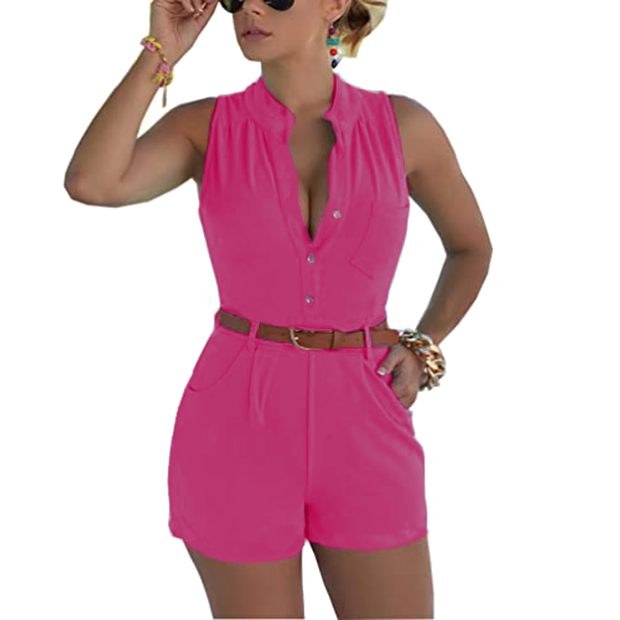Fudaolee Mujer Monos Mujer Casual Summer Romper V Cuello Manga Corta Playa elástica Pantalones Cortos de Moda Traje Cinturón a Juego S-XXL