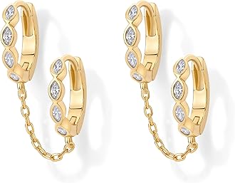 14K Gold Chain Earrings for Women, Cubic Zirconia Pearl Hoop Earrings for Women