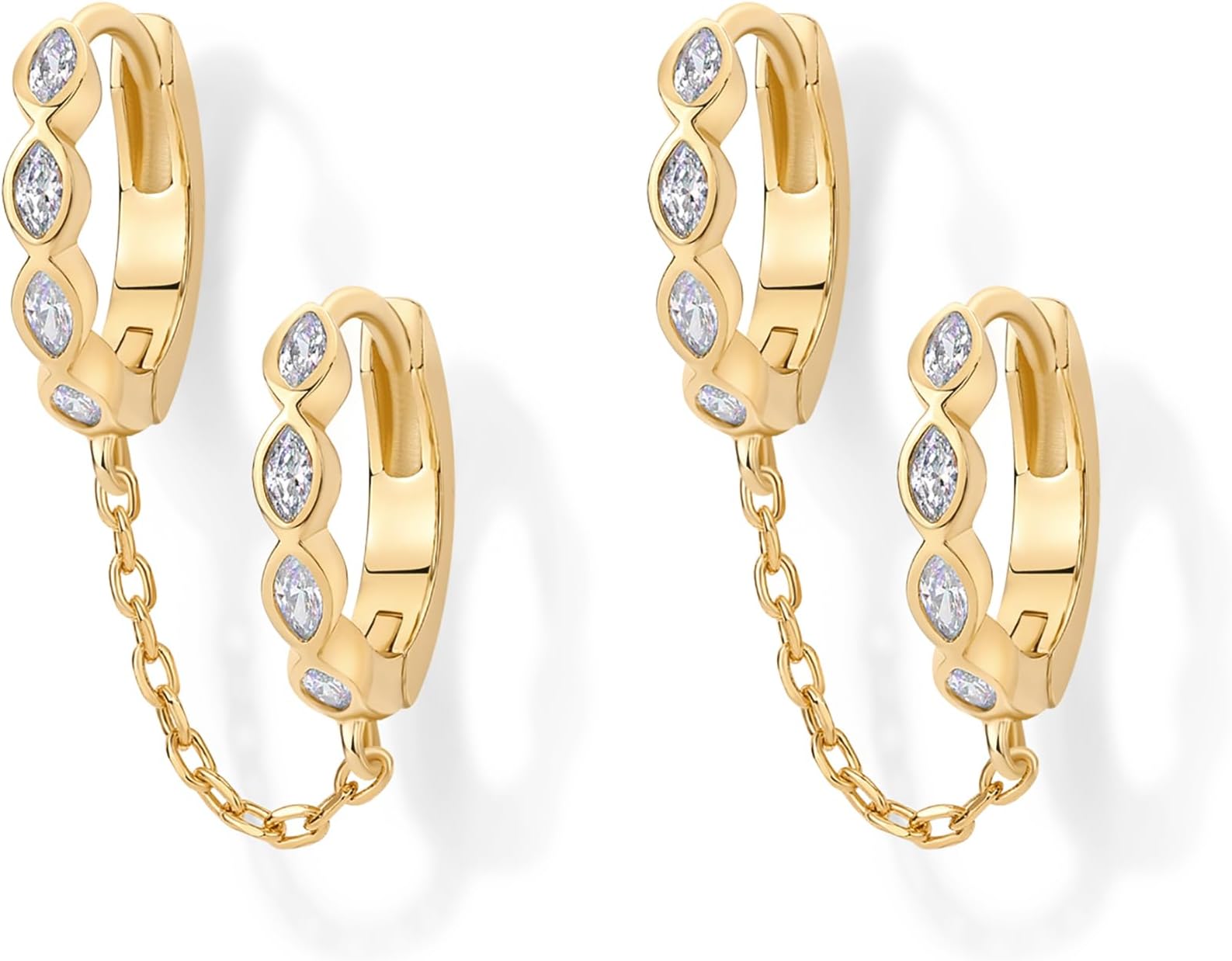 PAVOI 14k Gold Chain Earrings for Women | Double Piercing Dangle Chain Huggie Ring Earrings | Cubic Zirconia Pearl Stud Earring Earrings for Women