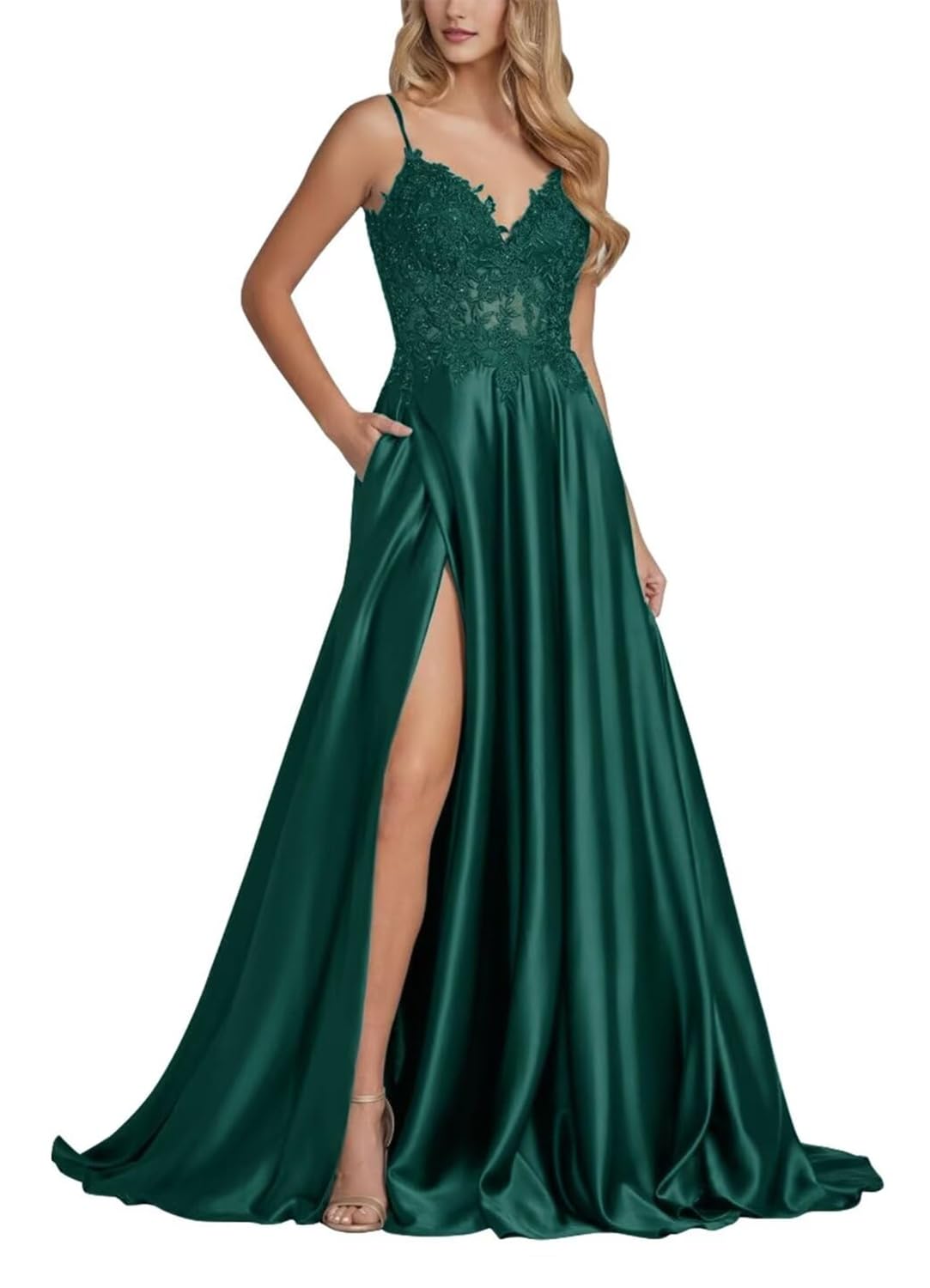 Kurface Women's Teal Prom Dresses With Slit For Lace Applique Formal Gown With Pockets Long Homecoming Dress Uk10