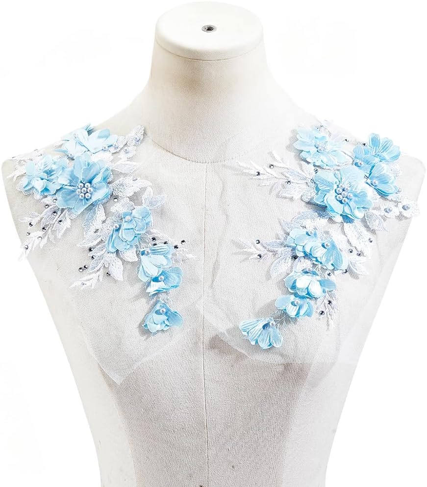 2PCS Flower Beaded Lace Applique White Floral Sew on Decorative Patch with Pearl Beads and Rhinestones 26x16cm Embroidered Flower Patches Decor for DIY Wedding Bridal Dress