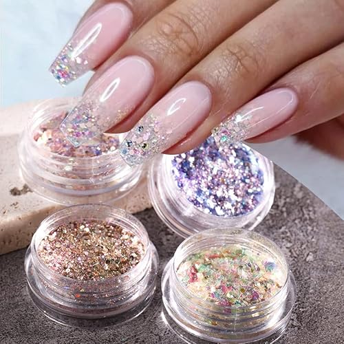 Iridescent Chunky Glitters Sequins Nail Flakes Champagne Purple Hexagon Mixed Design Nail Art Decoration Powder Diy French Acrylic Nails Body Craft Nail Art Accessories 4 Jar (2030-01) #TOP2