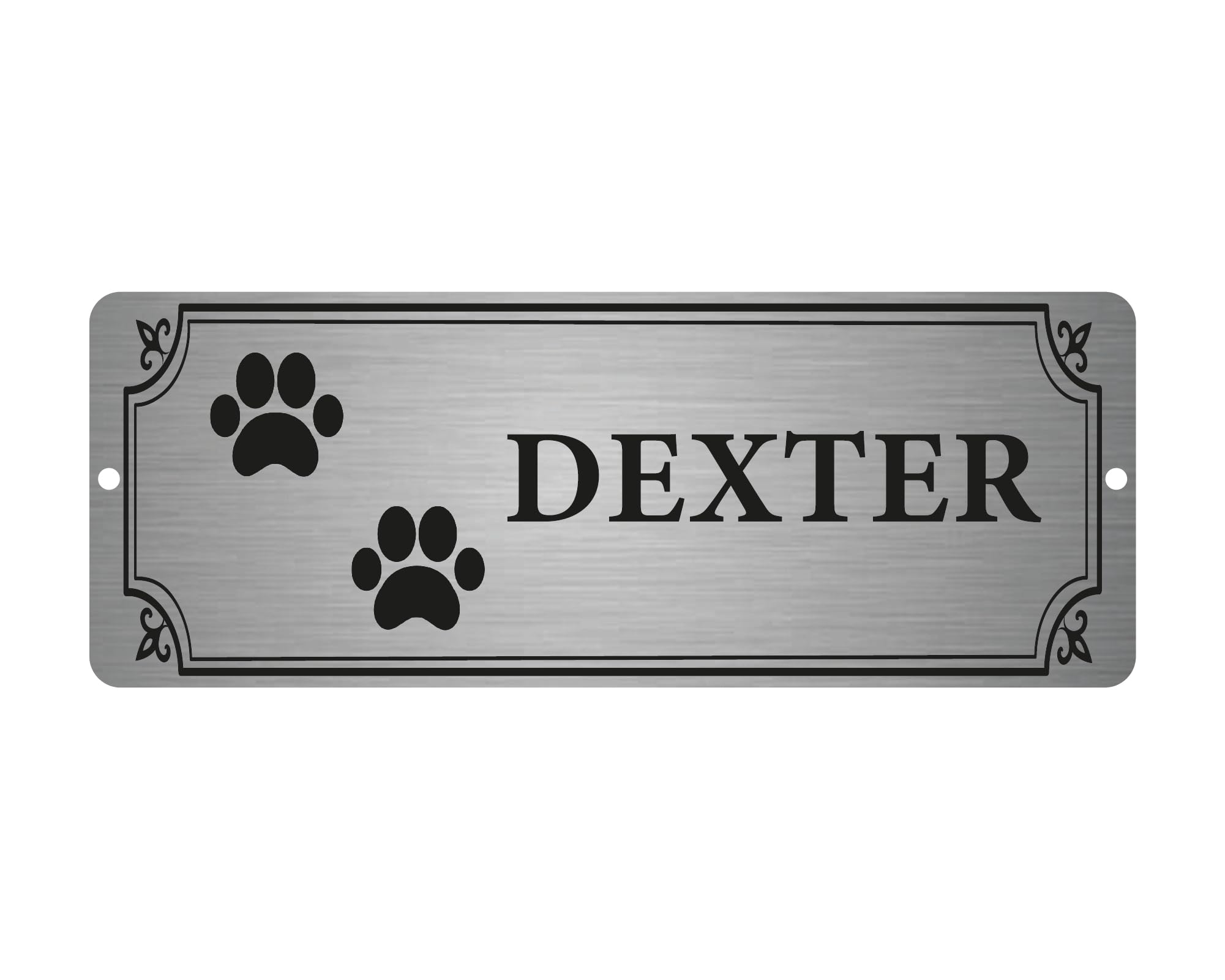 Personalised Dog Sign – Brushed Aluminium 20x7.5cm – Custom Pet Name Metal Plaque with Holes – Outdoor Weatherproof Sign