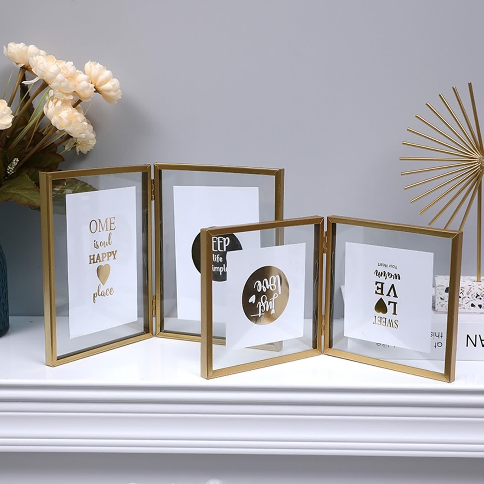 Fotorahmen 15X20, Picture Frame Gold Rechteck Doppelte Öffnungsfaltung Eisen Glas Vertikal für Tischplatte Schlafzimmer Dekoration