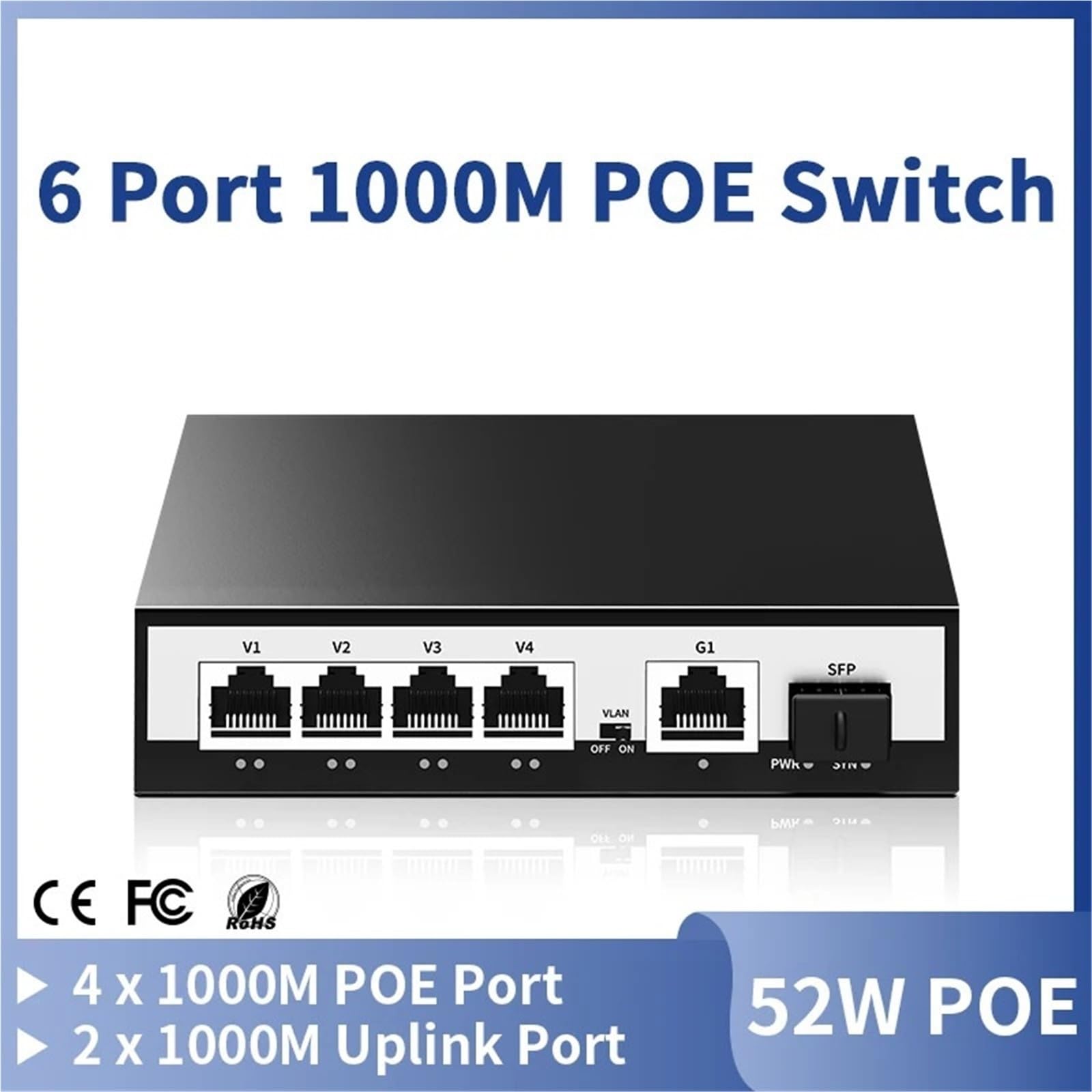 Switch Industriale Switch Poe Gigabit a 6 Porte Switch di Rete Poe Attivo da 1000 Mbps 52 W(AU Adapter)