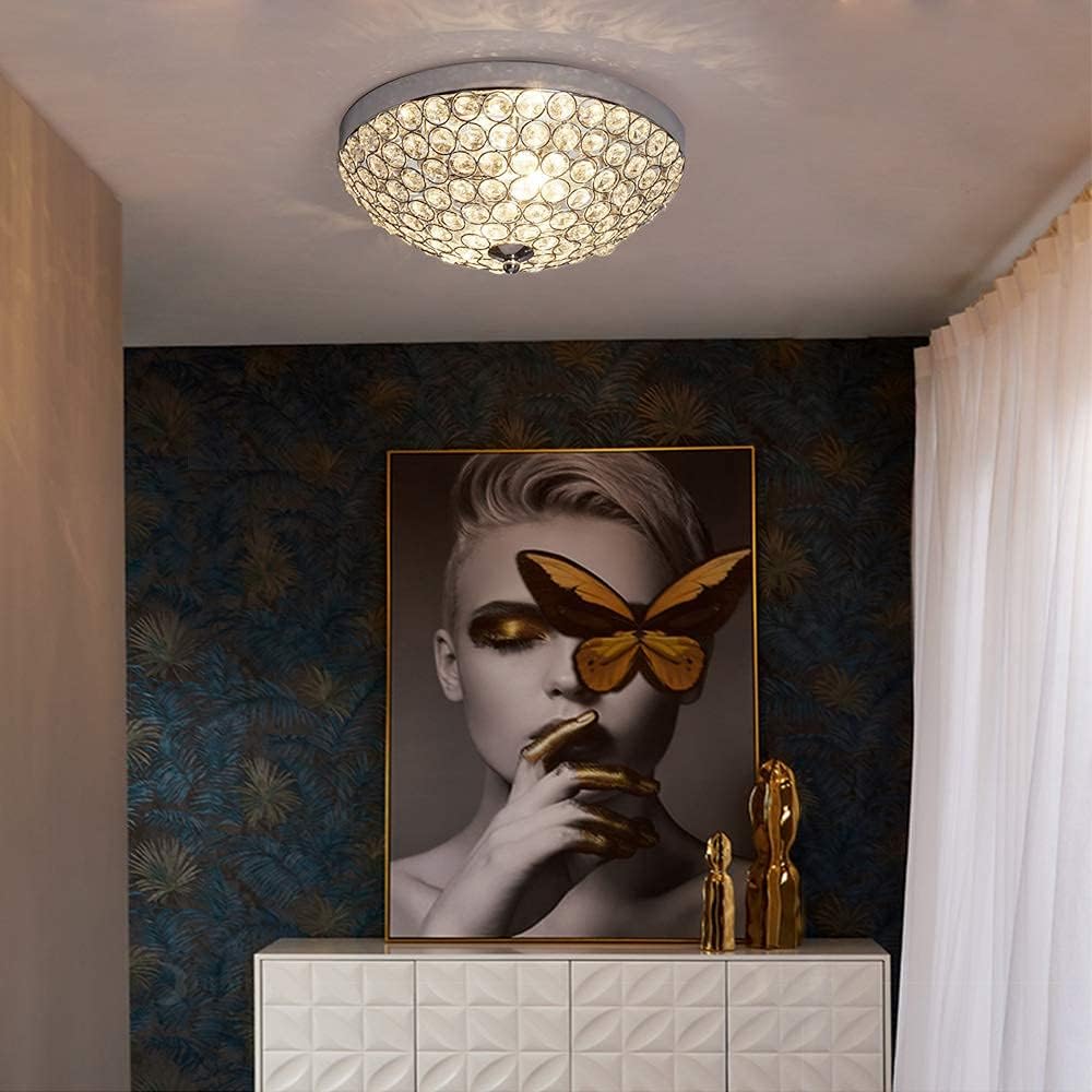 DLLT Modern Flush Mount Crystal Ceiling Light, 2-Light Small Chandelier Close to Ceiling Light Fixtures for Bedroom, Entryway, Foyer, Hallway, Dining Room, Chrome Finish Bowl Shape Shade E12 - - 
