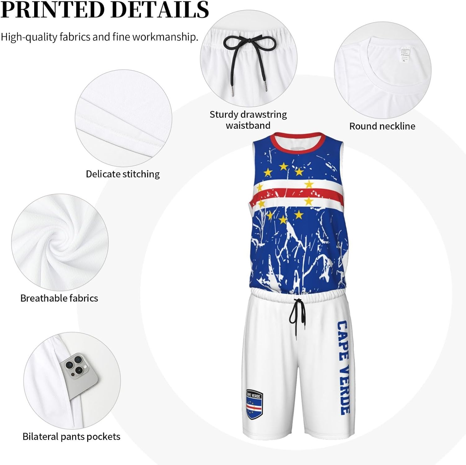Cape Verde Flag Grain (3) Basketball Jersey Uniform Suit for Men Adults Training Athletic Set