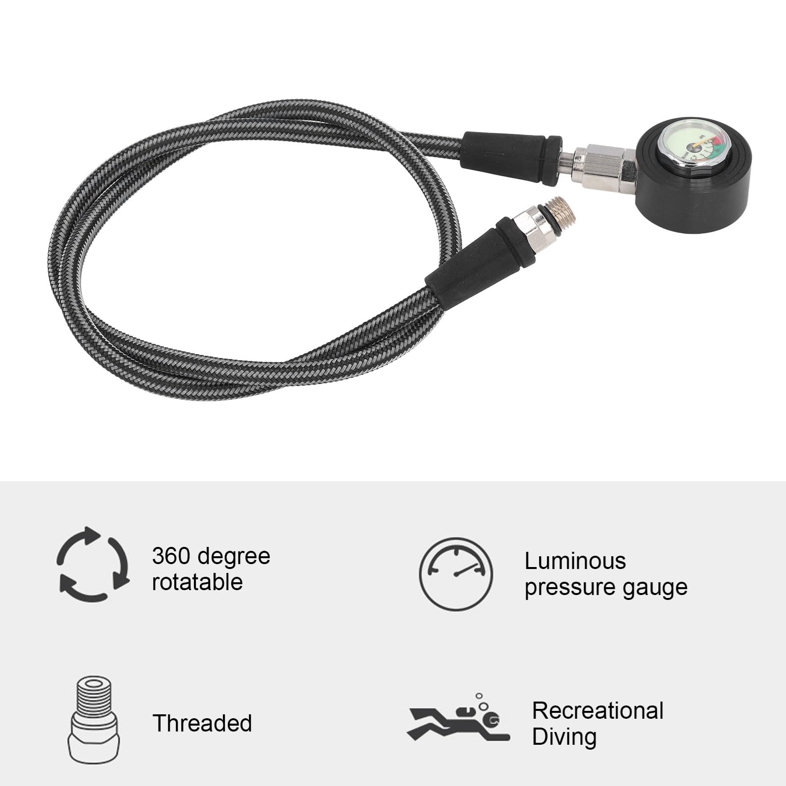 Manómetro de Buceo, Manómetro de Brillo Nocturno Sumergible Luminoso Profesional, con Manguera de Alta Presión, para Buceo Subacuático con Regulador BCD (80cm)
