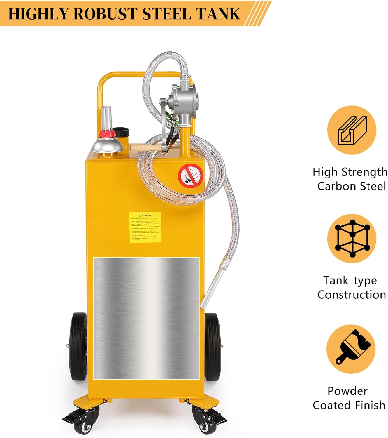 AutoForever 30-Gallon Oil Transfer Fluid Diesel Fuel Storage Tanks Gas Caddy Storage Diesel Kerosene Storage Containers with Rolling Flat-Free Solid Rubber Wheels for Boat, ATV, Car, Motorcycle Yellow
