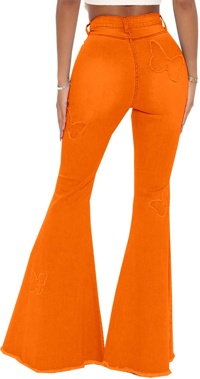 Women's Butterfly Bell Bottom Jeans Elastic High Waisted Embroidered Classic Flareed Jeans Raw Hem Denim Pants with Pocket: 3X-Large Orange