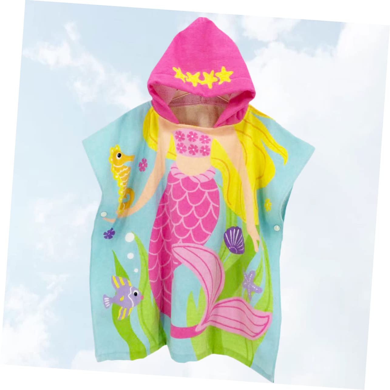 Cape de Plage pour Garçon et Filles en Coton, Capuche, Motif Sirène Rose | Modèle Portable Léger, Maintien Ferme, Style Cartoon, pour Garçons et Filles à Plage