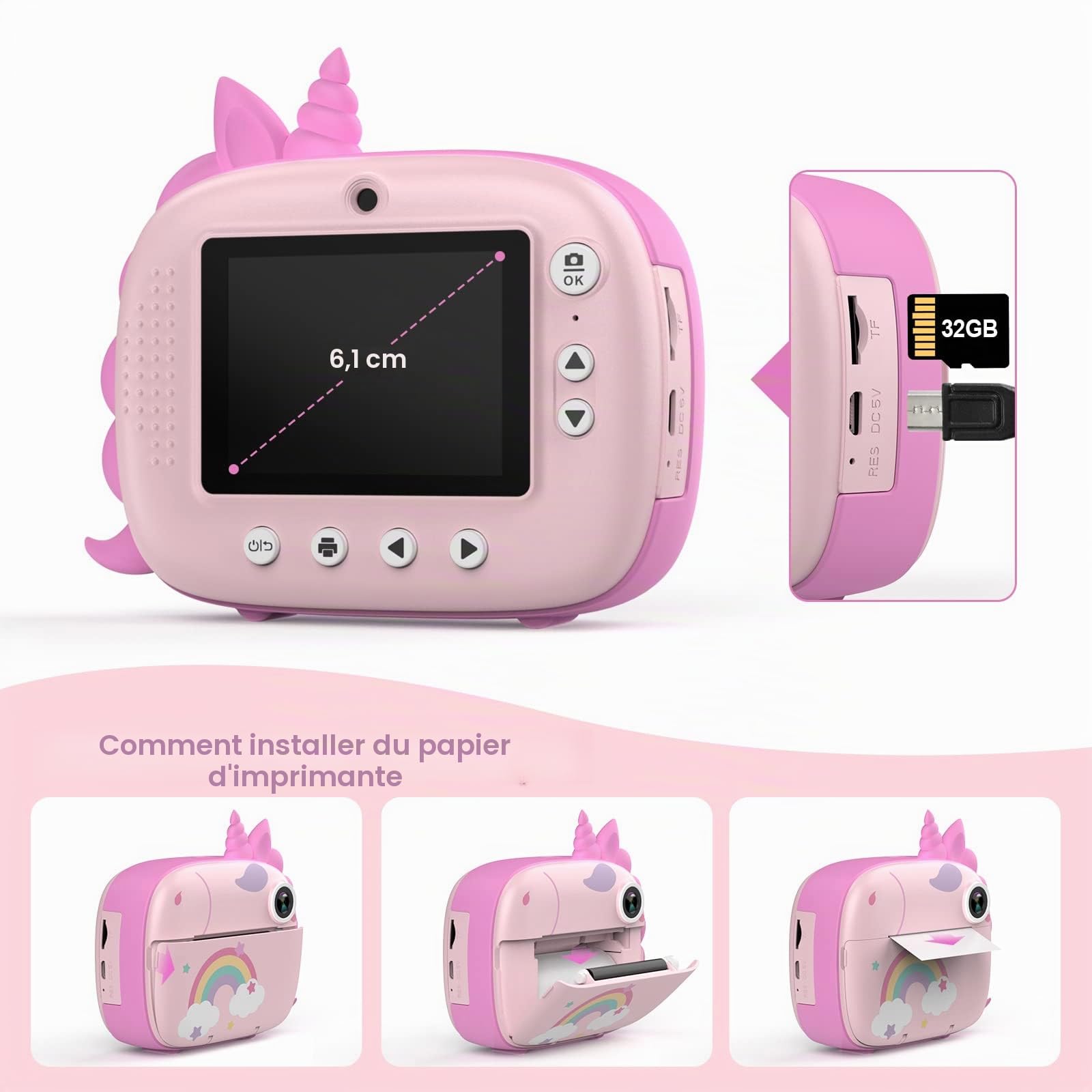 HiMont Appareil Photo Numérique Instantané,avec Papier d'impression & Carte TF 32G, Caméra Vidéo avec Stylos Colorés pour Le Bricolage, Cadeau pour Filles Garçons de 3-14 Ans